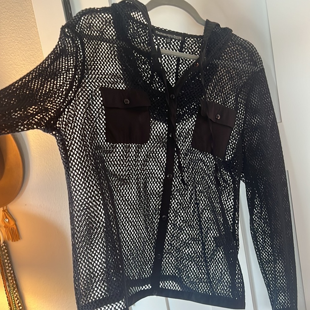 Proportion Petite Conrad C Black Mesh Hooded Button Down Top Sheer Layering L